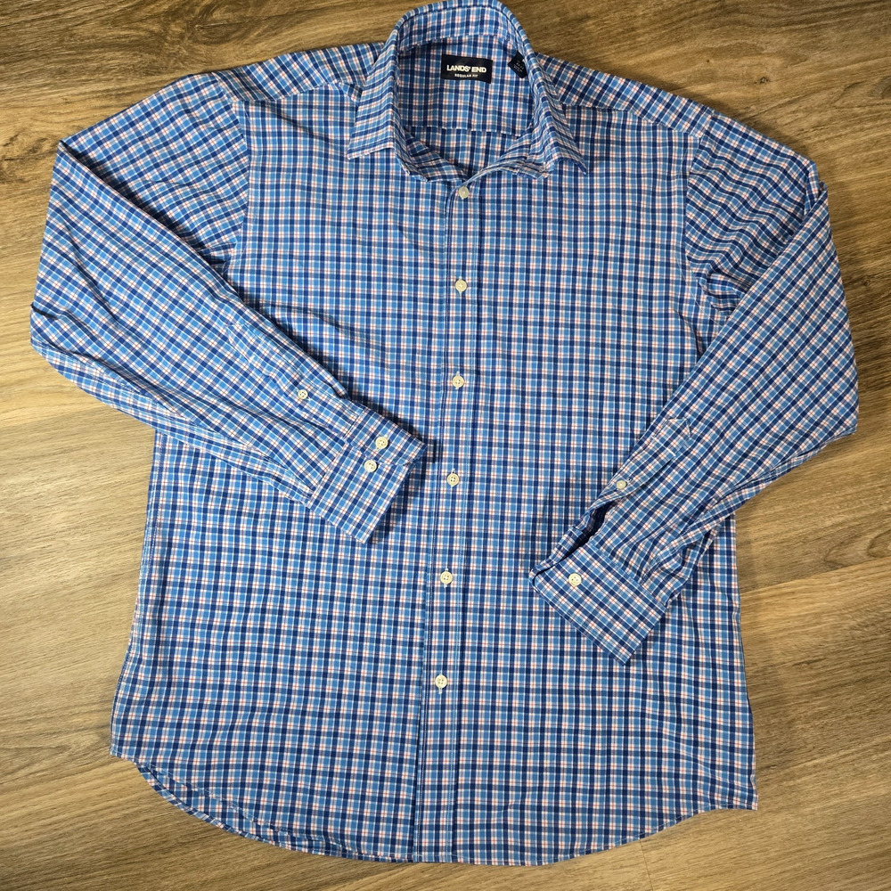 Lands End Commuter Shirt Mens M 15-15.5 32-33 Blue Performance Button Down